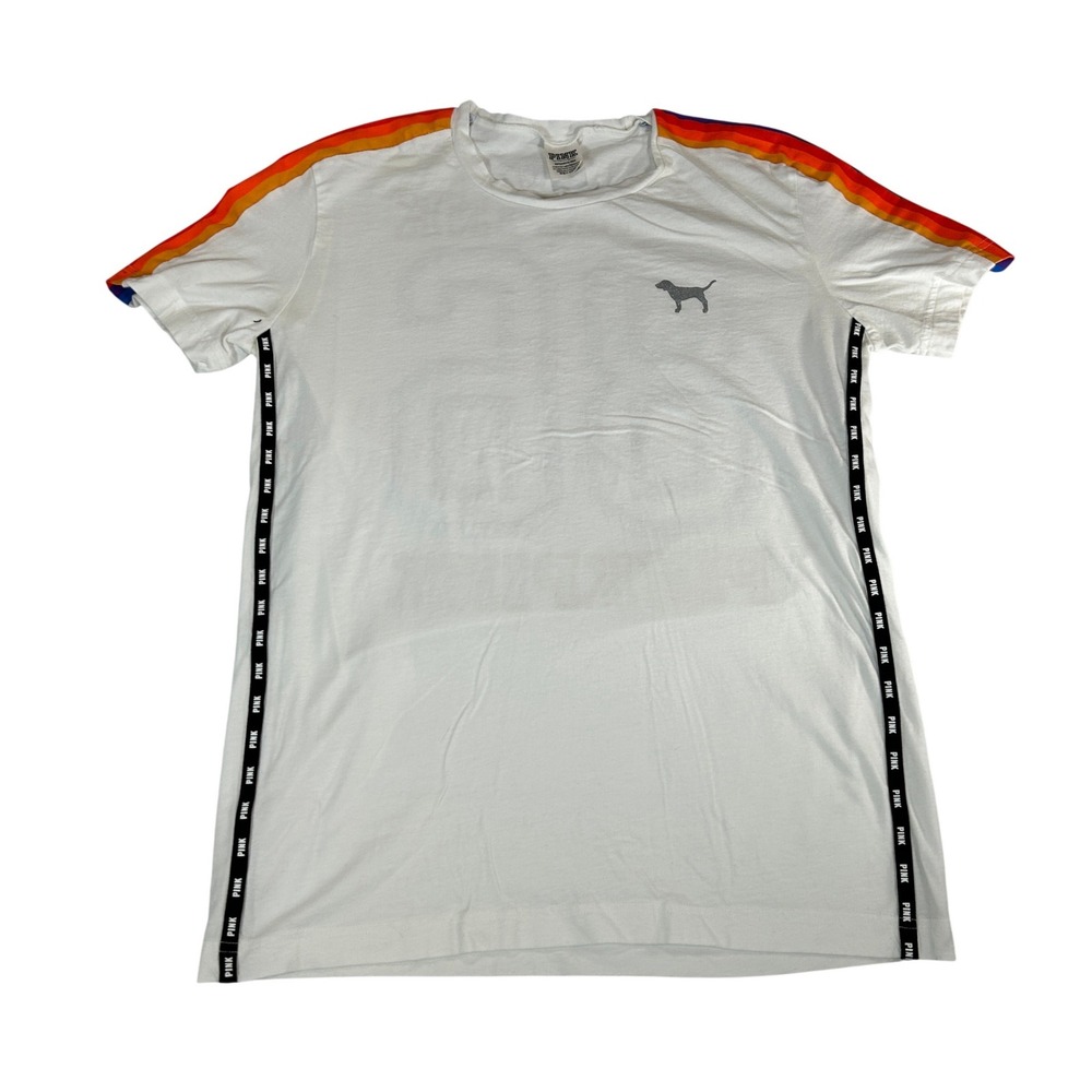 PINK Victoria's‎ Secret White Rainbow Stripe Logo Tape T-Shirt Small